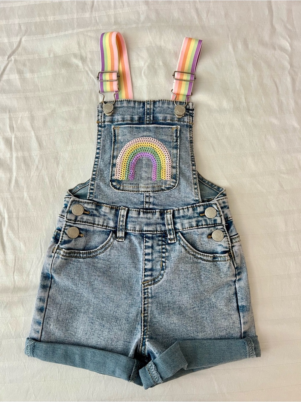 NEW - Girls Rainbow Sequin Denim Short Overalls - Light Blue